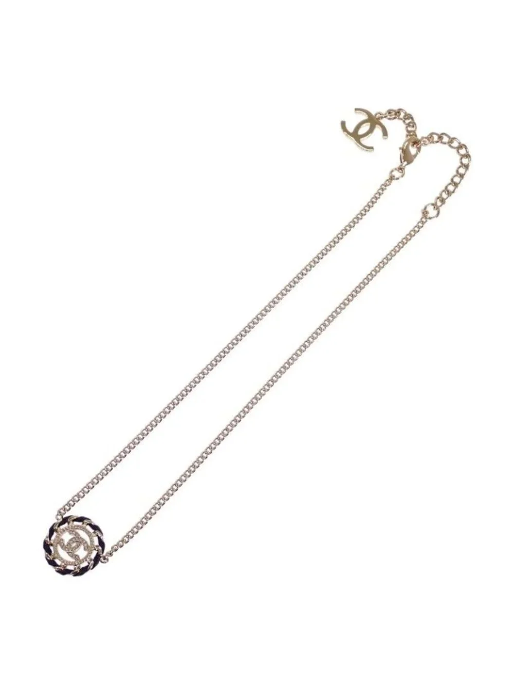 Chanel CC Logo Choker Pendant Metal Leather Strass with Champagne Gold